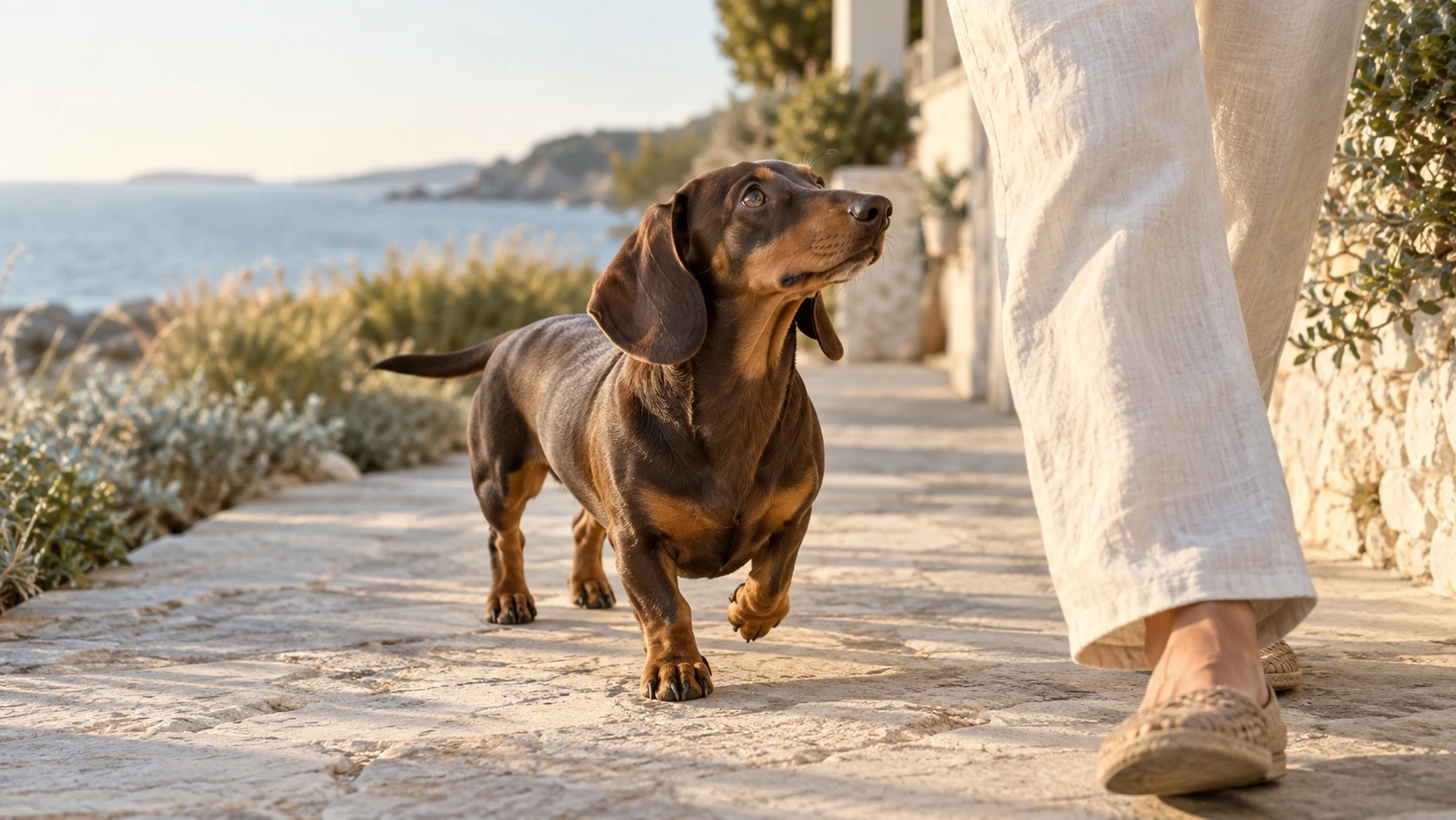 A dachshund walking beside its person on a sunlit path